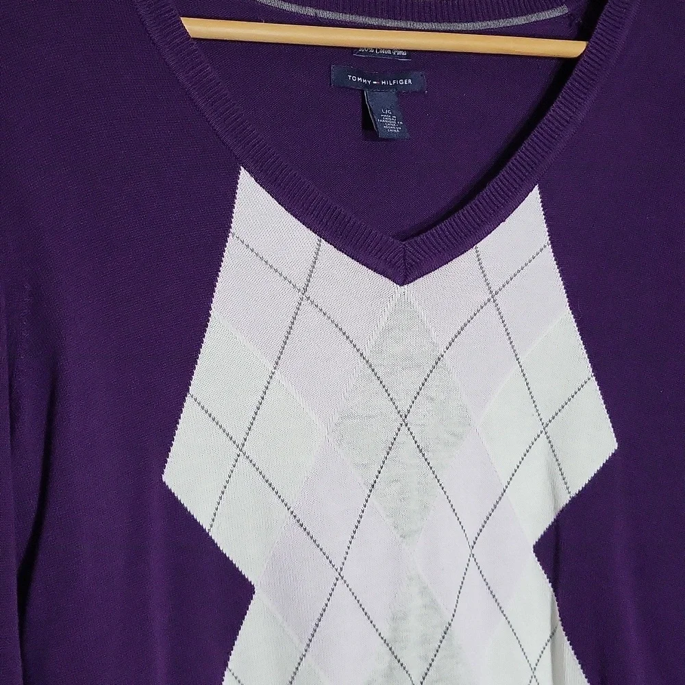 Tommy Hilfiger Womens Large Purple Argyle Sweater Pima Cotton Preppy Designer‎
